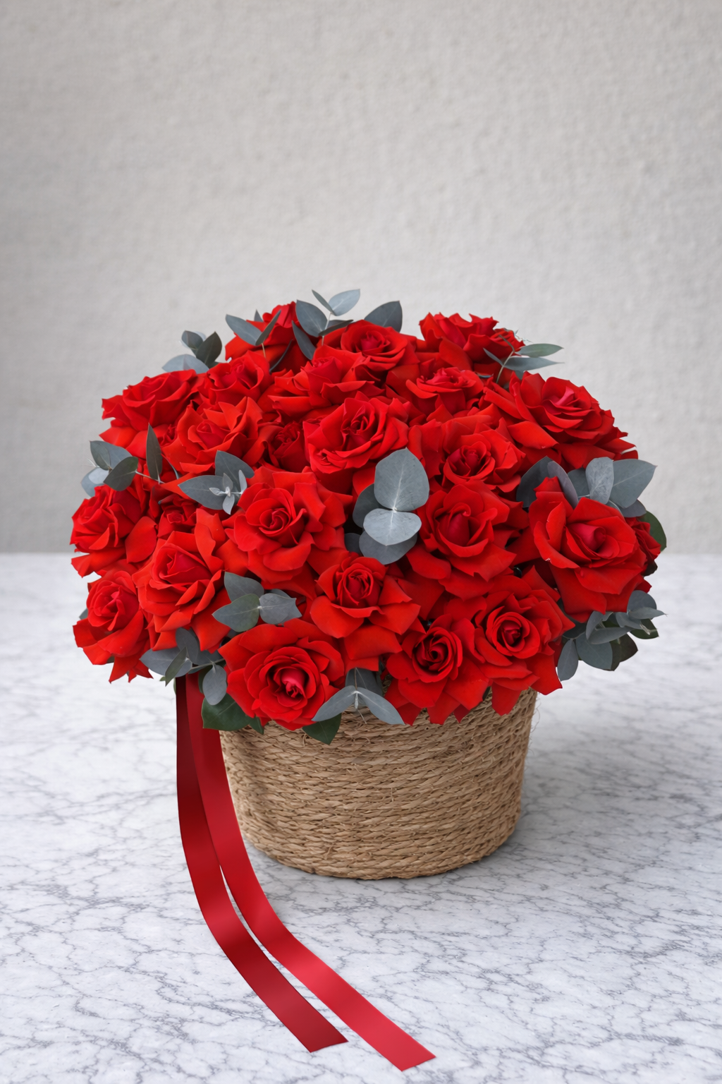 Luxury French Red Roses Basket with Eucalyptus