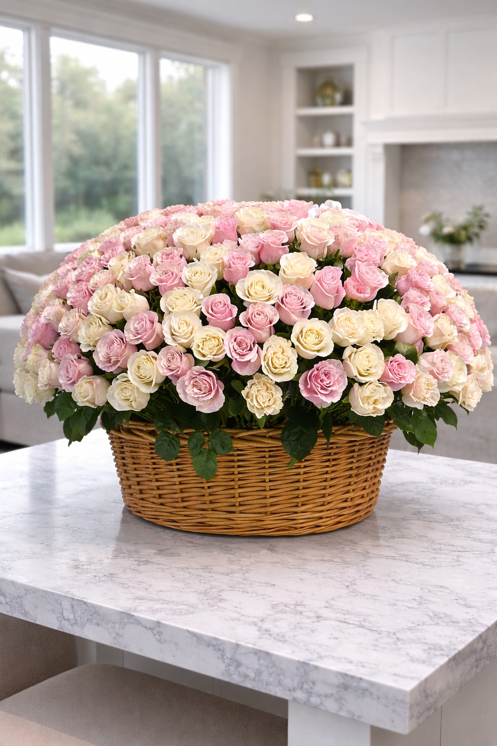 Shop a large pink and white rose basket with 200–300 premium roses.
