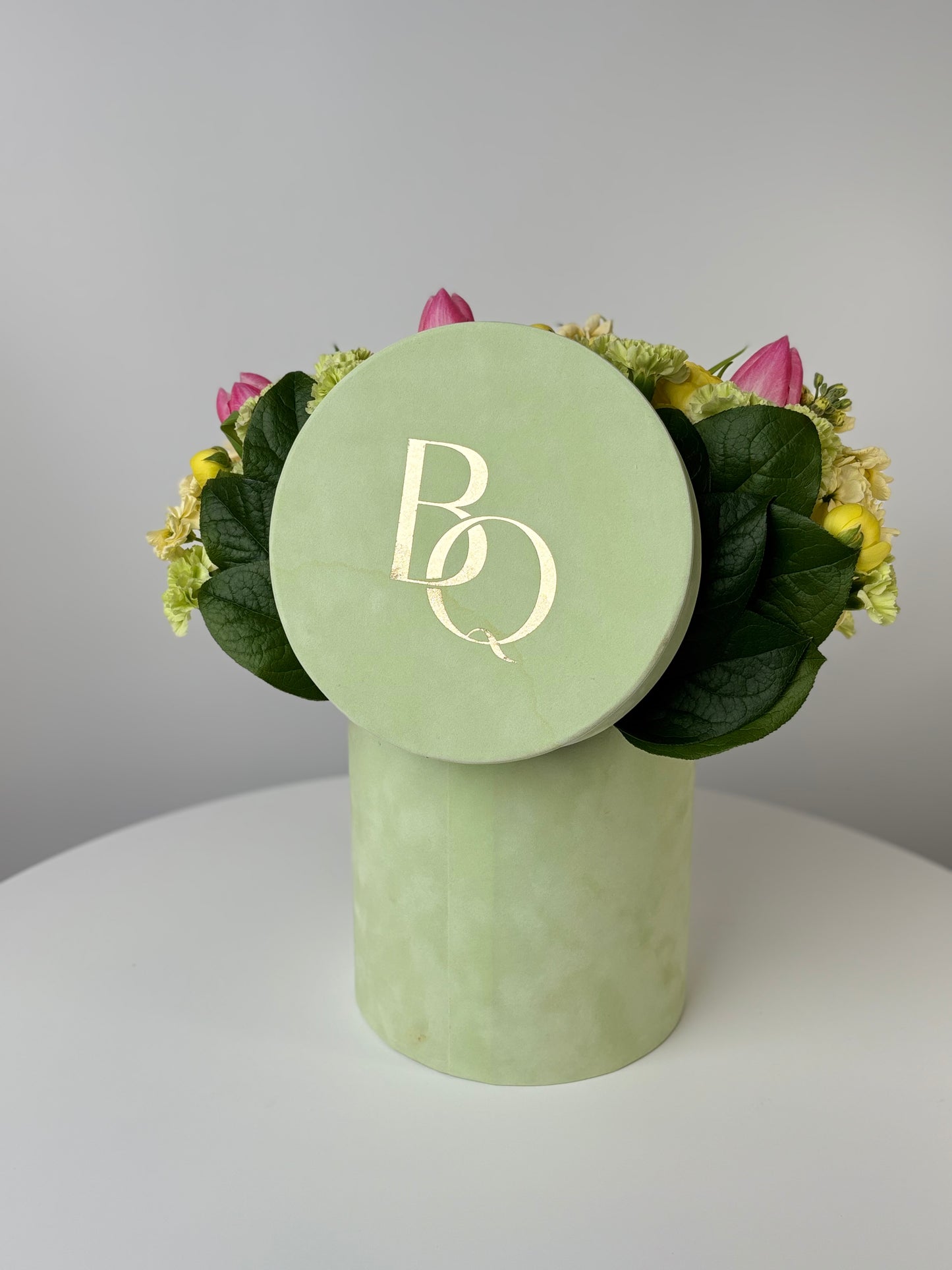 LUXURY SPRING FLOWER ARRANGEMENT WITH YELLOW RANUNCULUS & PINK TULIPS | BQ BOUQUET