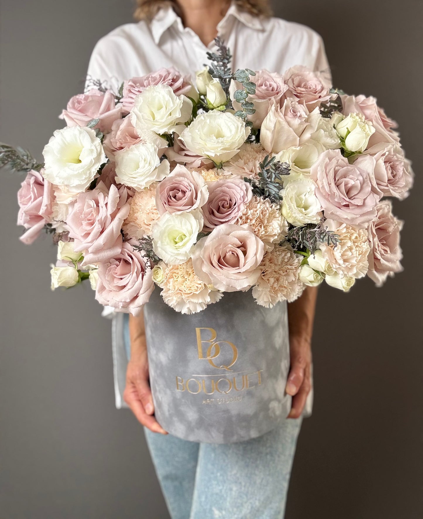 Flower Box Blush Roses, Lisianthus & Carnations