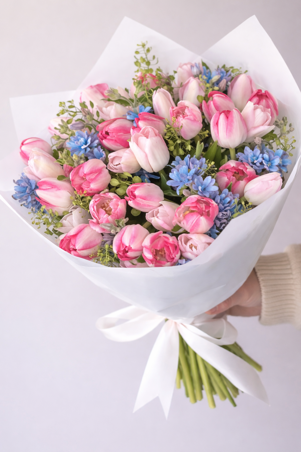 White or Pink Tulips Bouquet & Blue Flowers | Irvine Flower Delivery