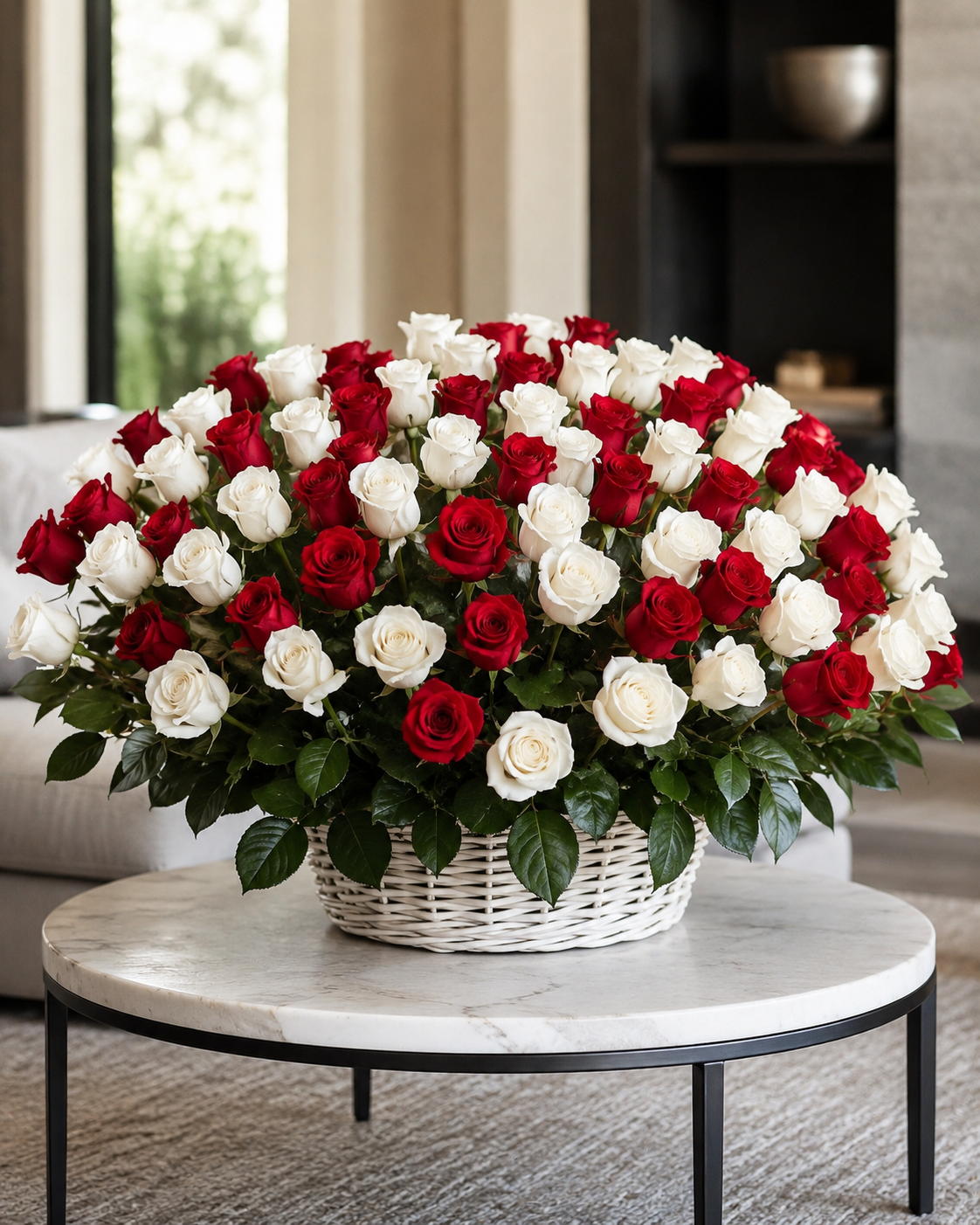 Shop a large red  and white rose basket with 200  premium roses. Luxury flower delivery in Newport Beach, Irvine and Orange County, CA.
