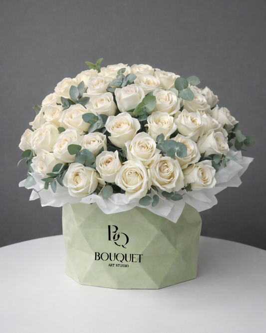 Flower Box White Roses & Eucalyptus