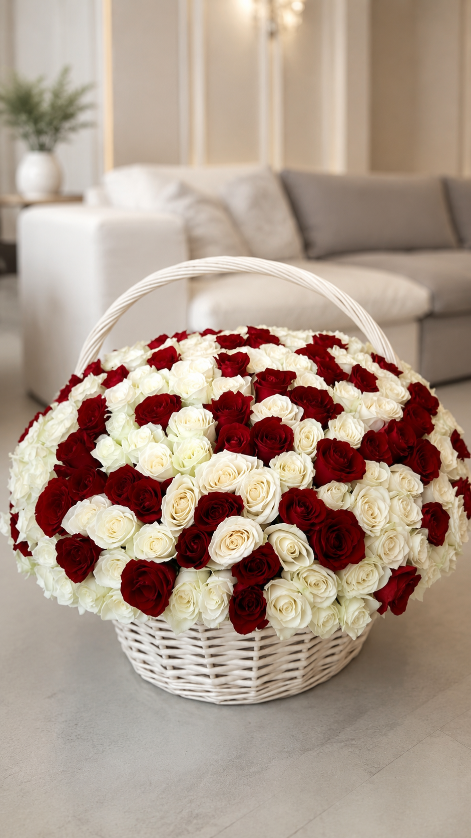 Shop a large red  and white rose basket with 150 premium roses. Luxury flower delivery in Newport Beach, Irvine and Orange County, CA.
