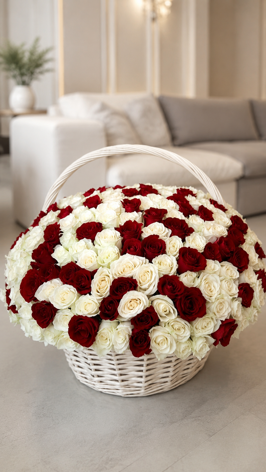 Shop a large red  and white rose basket with 150 premium roses. Luxury flower delivery in Newport Beach, Irvine and Orange County, CA.
