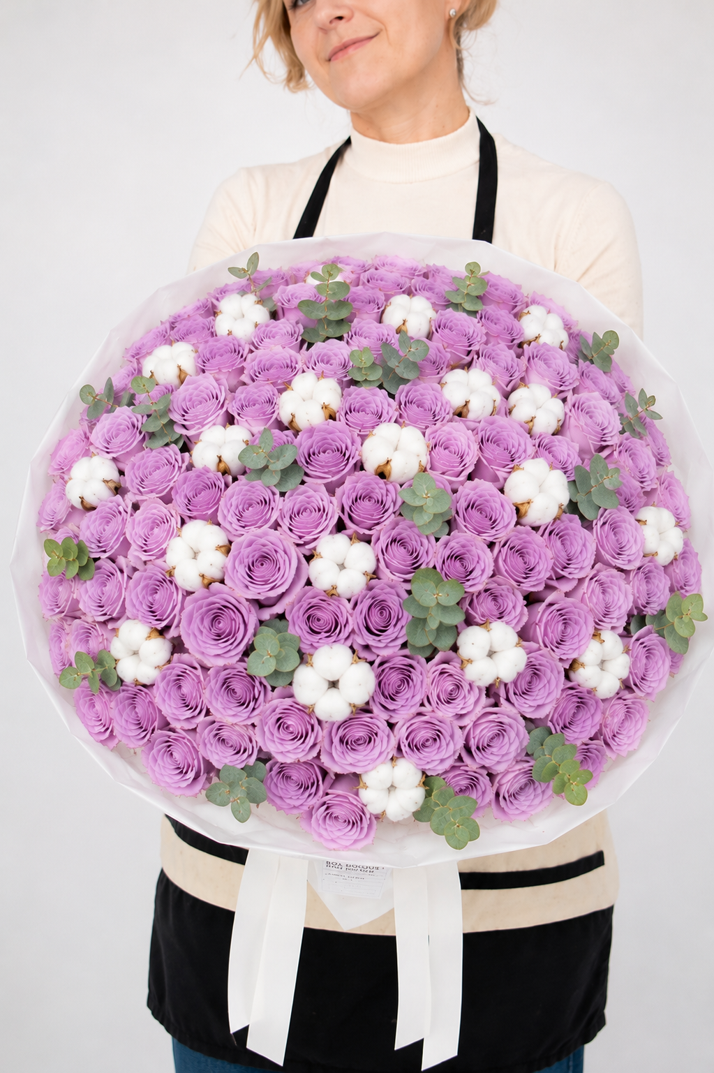 100 Lavender rose bouquet with white cotton and eucalyptus | Flower delivery Newport Beach, Orange County