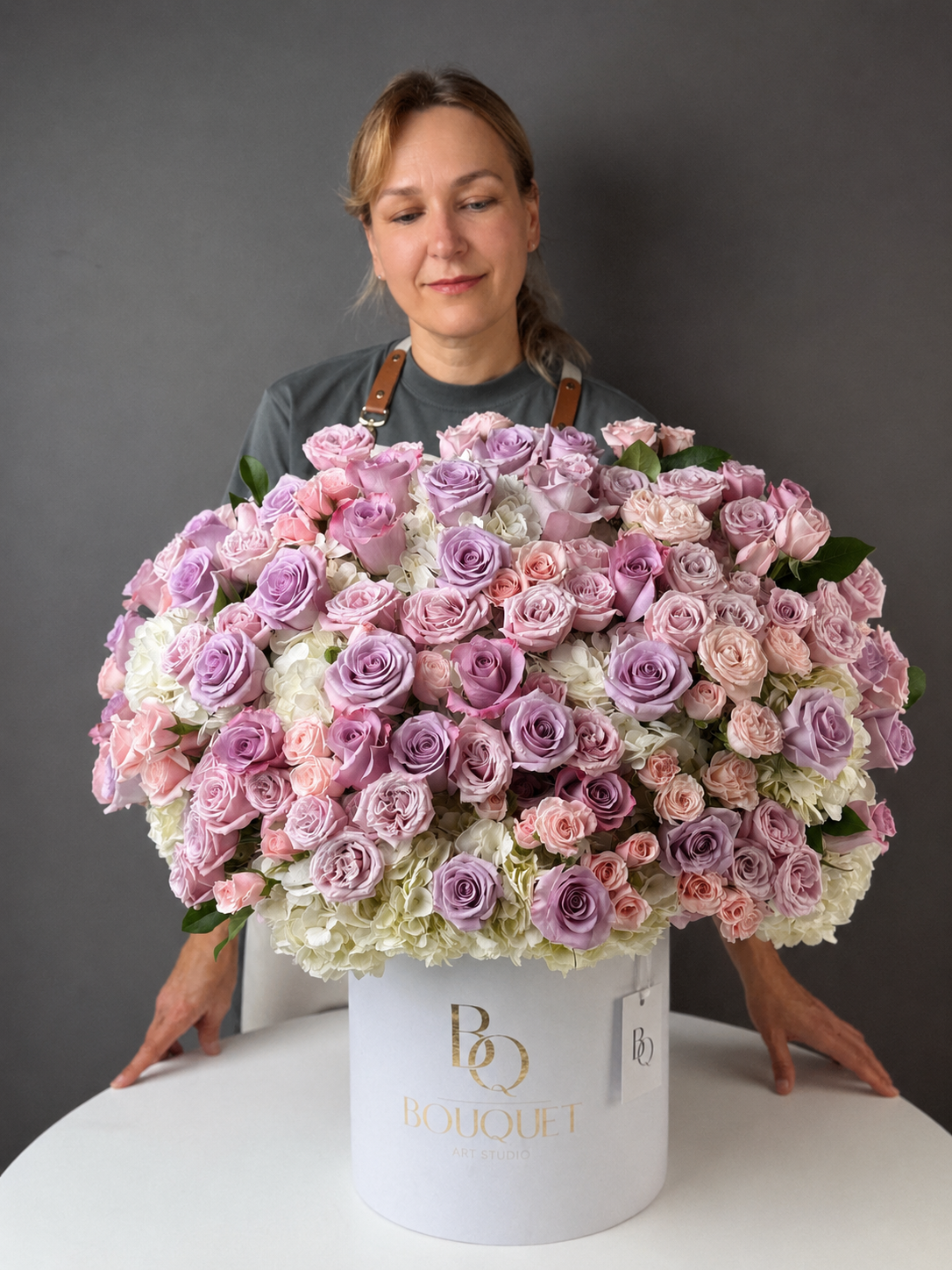 Luxury pink and lavender roses flower box with white hydrangeas, available for flower delivery in Irvine, Newport Beach & Orange County