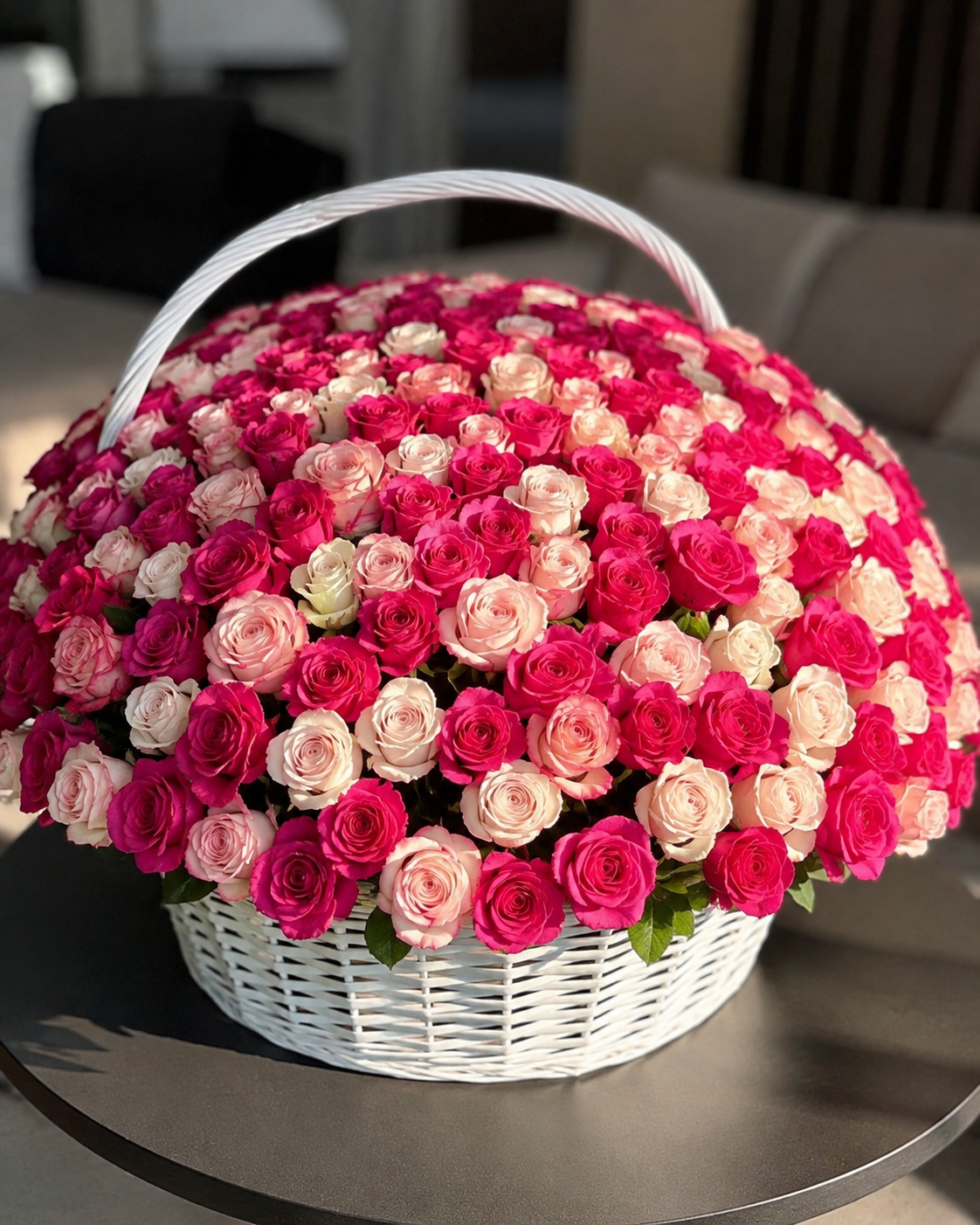 large red, pink and white rose basket with 200–300 premium roses. 