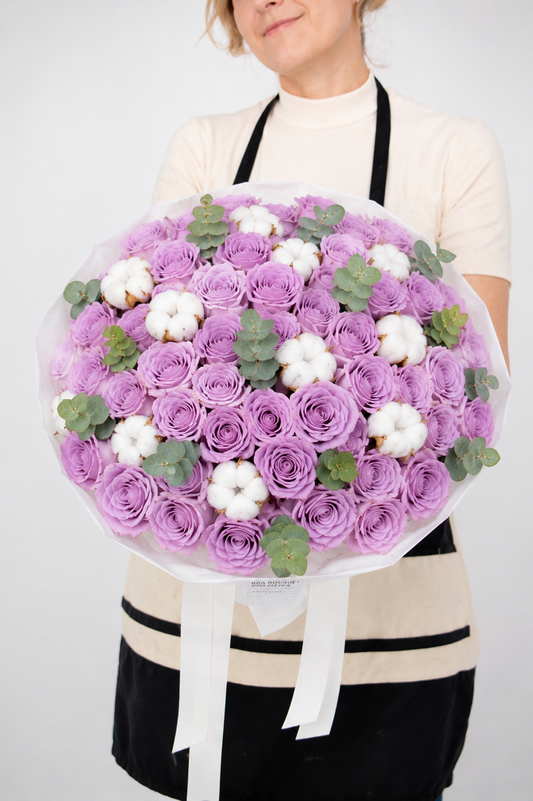 50 Lavender rose bouquet with white cotton and eucalyptus | Flower delivery Newport Beach, Orange County
