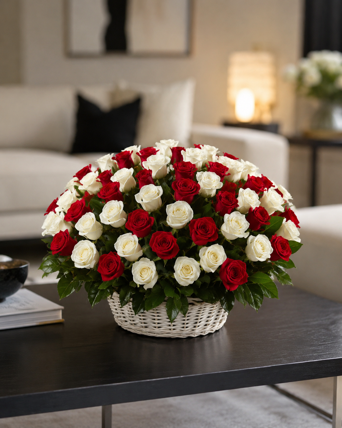 Shop a large red  and white rose basket with 100 premium roses. Luxury flower delivery in Newport Beach, Irvine and Orange County, CA.
