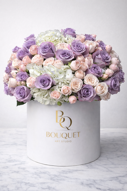 Pink and lavender roses flower box with white hydrangeas by BQ Bouquet