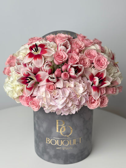 PINK ROSES, WHITE HYDRANGEA & RED-WHITE LILIES IN LUXURY HAT BOX | BQ BOUQUET