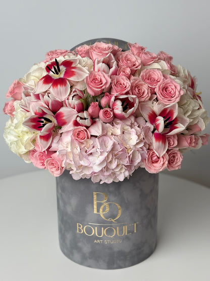 PINK ROSES, WHITE HYDRANGEA & RED-WHITE LILIES IN LUXURY HAT BOX | BQ BOUQUET