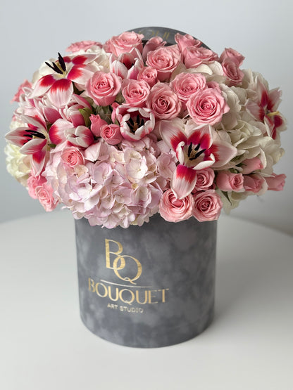 PINK ROSES, WHITE HYDRANGEA & RED-WHITE LILIES IN LUXURY HAT BOX | BQ BOUQUET
