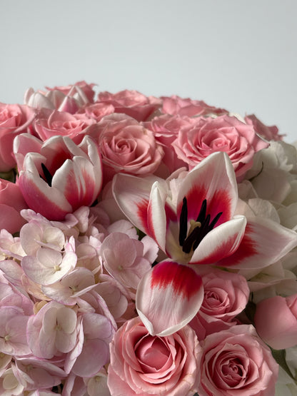 PINK ROSES, WHITE HYDRANGEA & RED-WHITE LILIES IN LUXURY HAT BOX | BQ BOUQUET