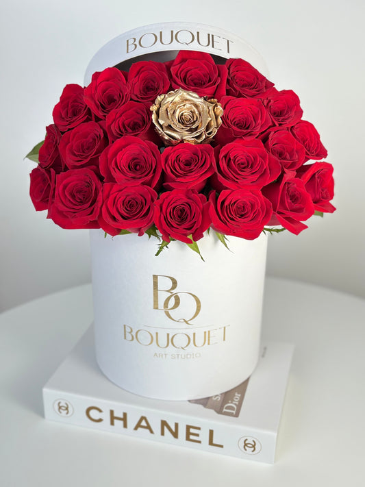 LUXURY RED  ROSE  SIGNATURE BOX & REAL GOLD ROSE | BQ BOUQUET | PREMIUM FLORAL GIFT