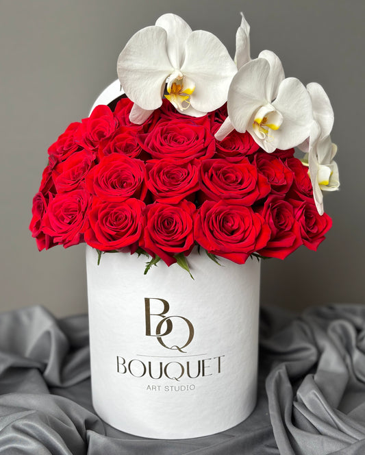 SCARLET SYMPHONY &  WHITE ORCHID  | BQ BOUQUET | ELEGANT FLOWER ARRANGEMENT