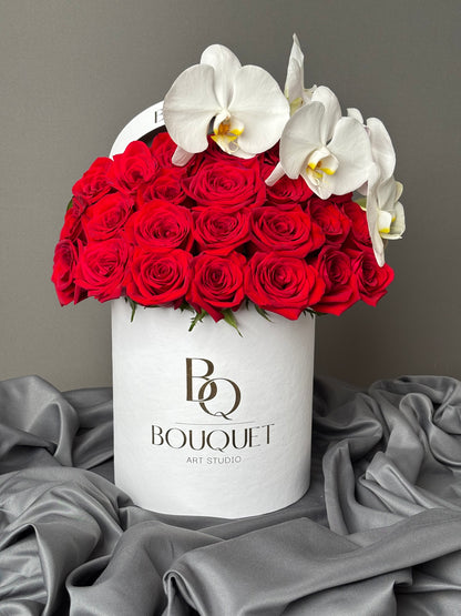 SCARLET SYMPHONY &  WHITE ORCHID  | BQ BOUQUET | ELEGANT FLOWER ARRANGEMENT