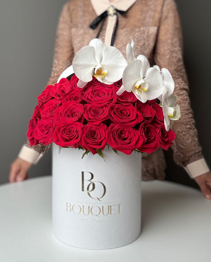 SCARLET SYMPHONY &  WHITE ORCHID  | BQ BOUQUET | ELEGANT FLOWER ARRANGEMENT
