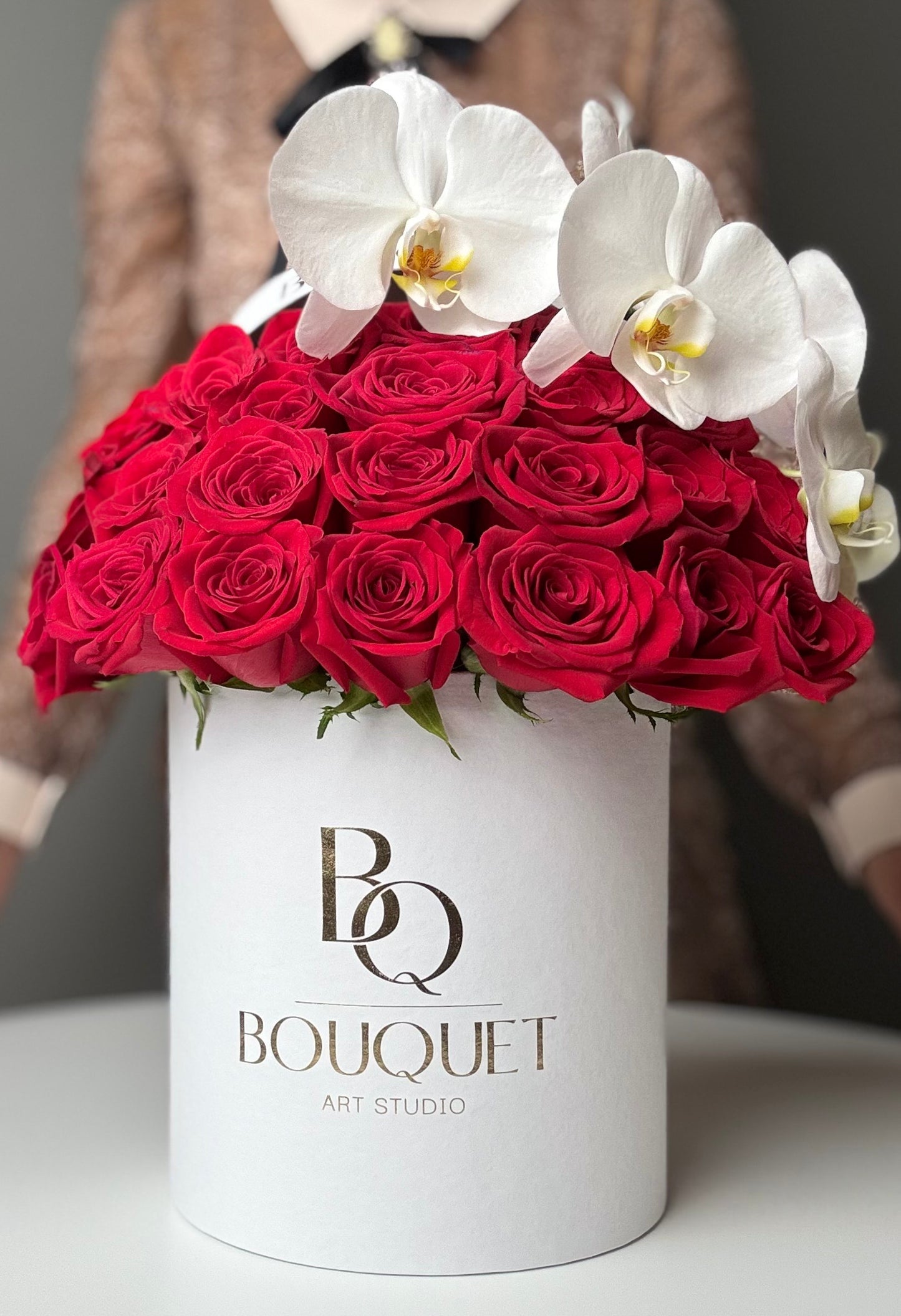SCARLET SYMPHONY &  WHITE ORCHID  | BQ BOUQUET | ELEGANT FLOWER ARRANGEMENT
