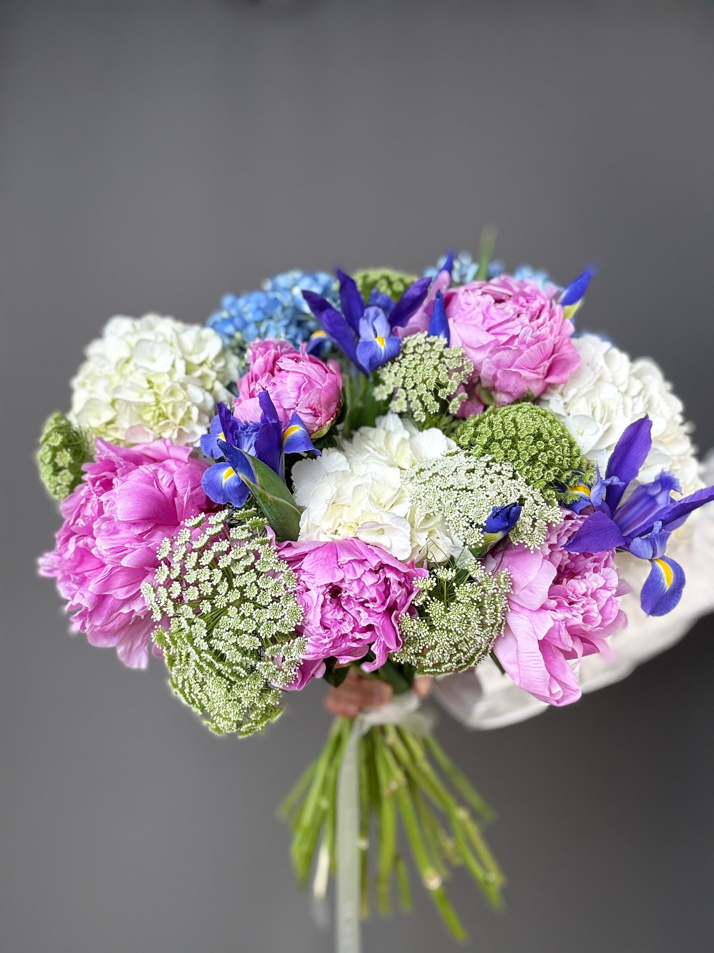 LUXURY PINK PEONIES & BLUE HYDRANGEAS BOUQUET