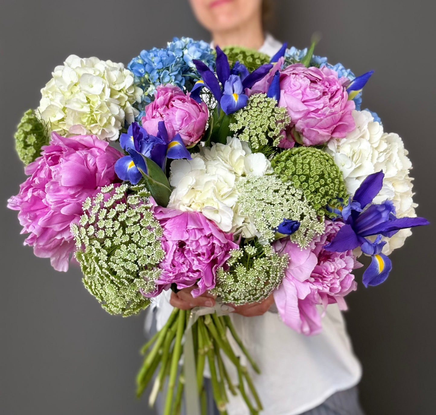 LUXURY PINK PEONIES & BLUE HYDRANGEAS BOUQUET