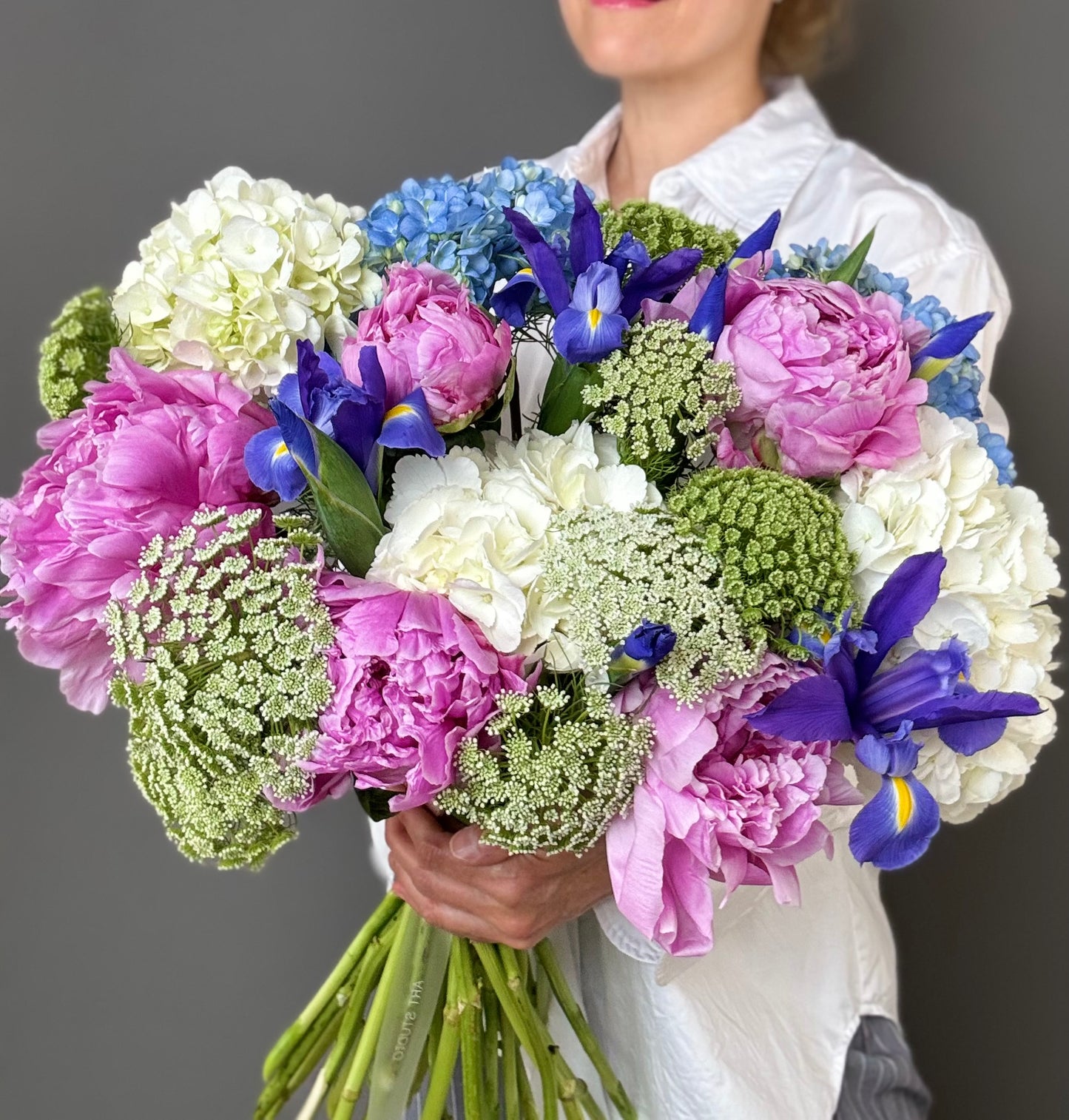 LUXURY PINK PEONIES & BLUE HYDRANGEAS BOUQUET