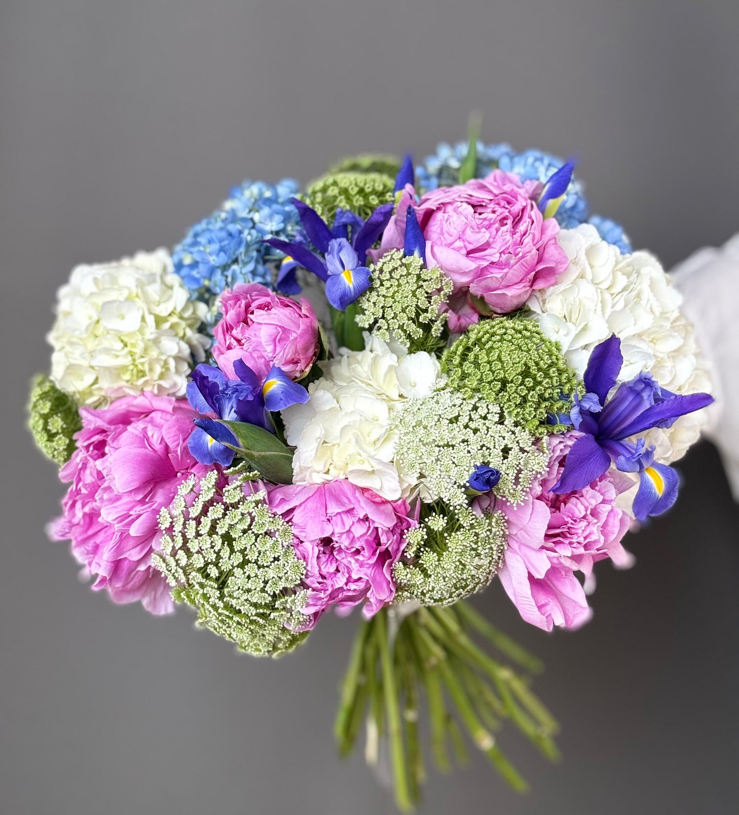 LUXURY PINK PEONIES & BLUE HYDRANGEAS BOUQUET