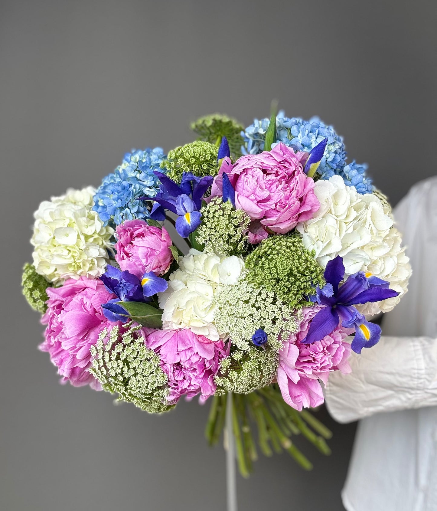 LUXURY PINK PEONIES & BLUE HYDRANGEAS BOUQUET