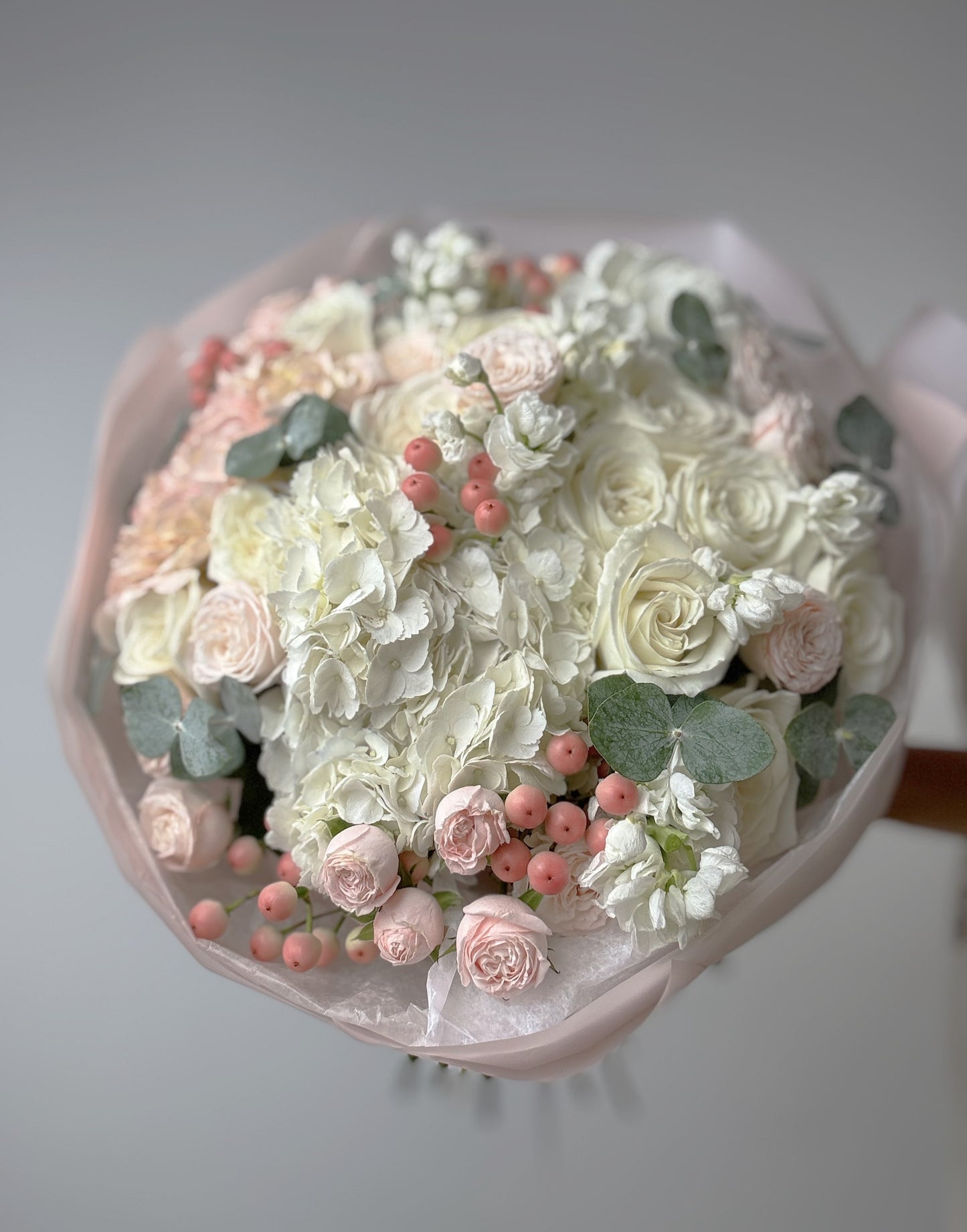 Blush Hydrangea & Roses Bouquet — Soft Pastel Luxury Flowers Irvine