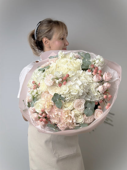 Blush Hydrangea & Roses Bouquet — Soft Pastel Luxury Flowers Irvine