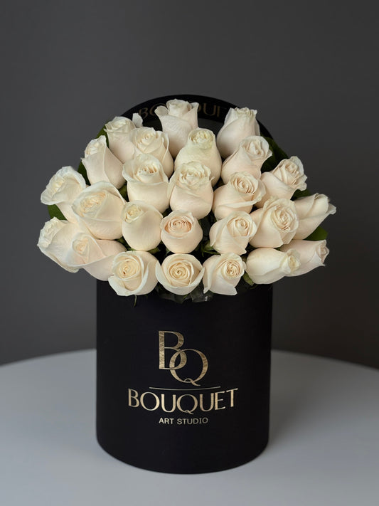 White Roses in Black Box | White Couture Luxury Flower Box