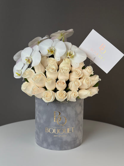 Premium Cloud Orchid & Roses in Velvet Box | Luxury Flower Delivery Newport Beach