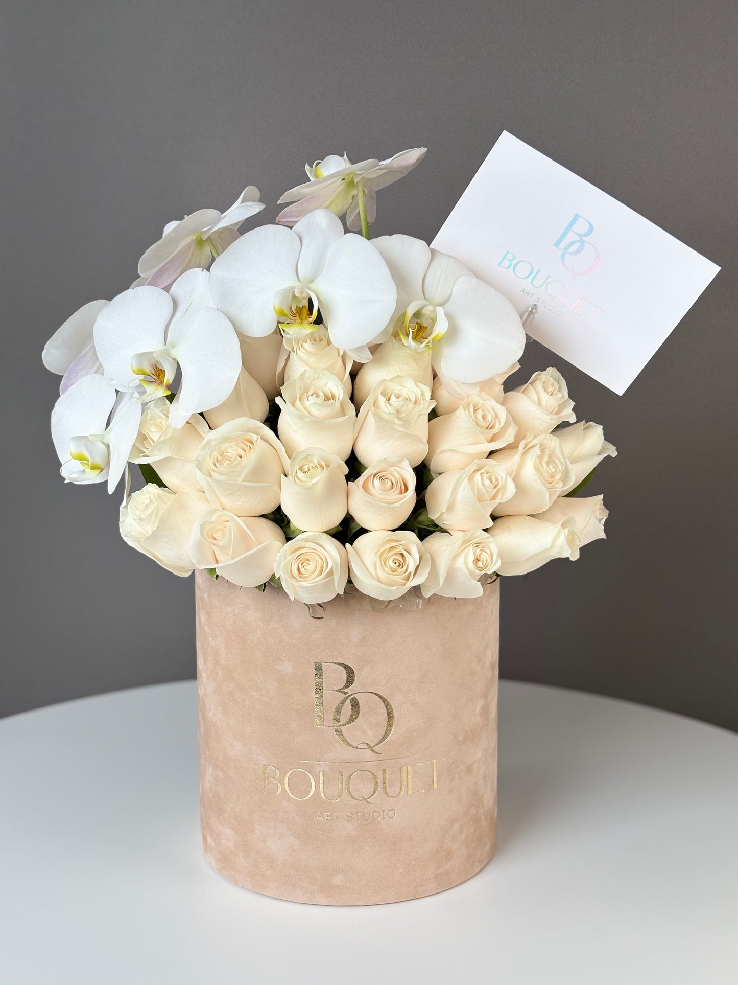 Premium Cloud Orchid & Roses in Velvet Box | Luxury Flower Delivery Newport Beach