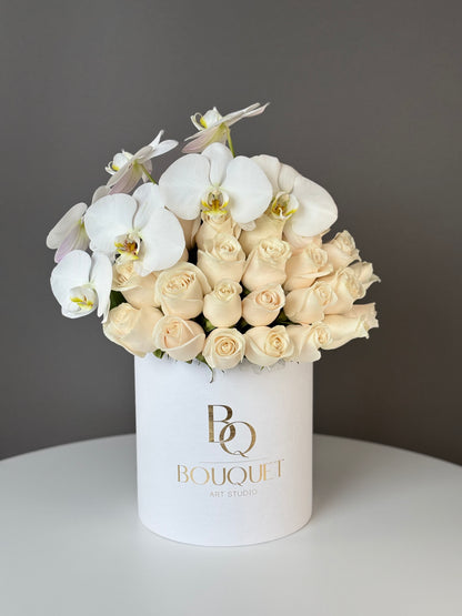 Premium Cloud Orchid & Roses in Velvet Box | Luxury Flower Delivery Newport Beach