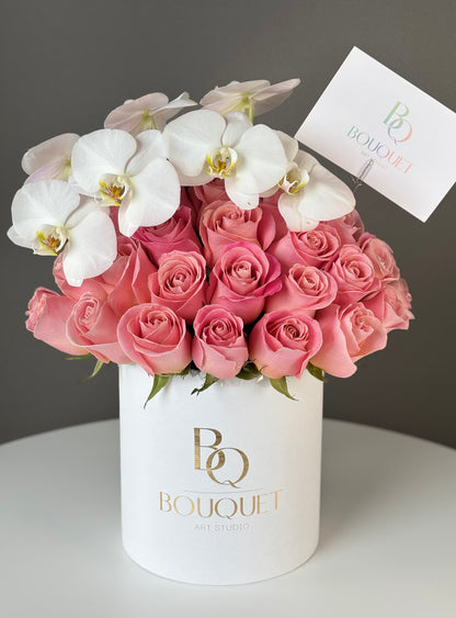 Coral Roses & Orchid in Flower Box | Luxury Flower Delivery in Orange County