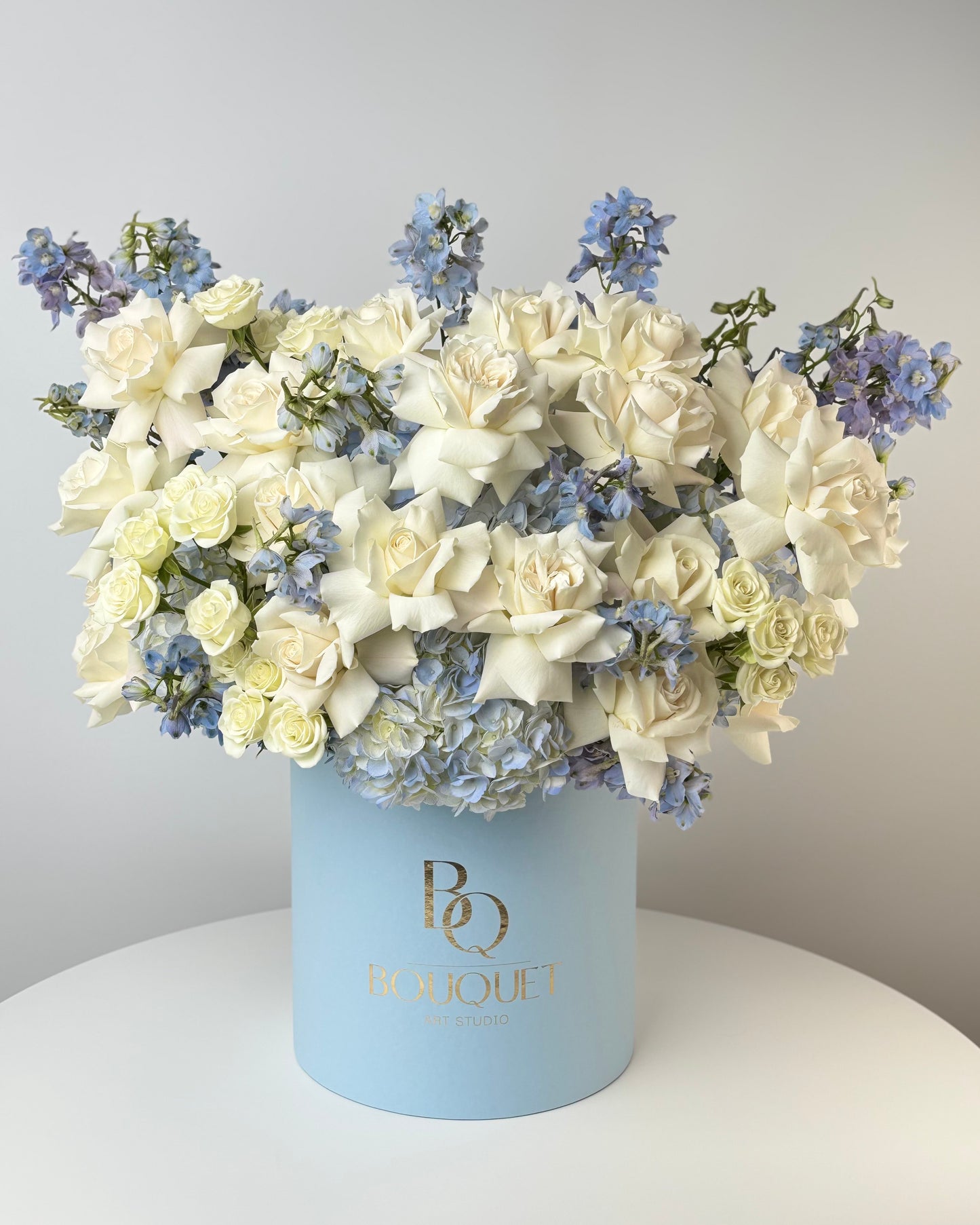 WHITE ROSES, BLUE HYDRANGEA & DELPHINIUM IN LUXURY HAT BOX | BQ BOUQUET