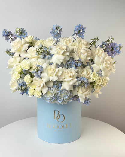WHITE ROSES, BLUE HYDRANGEA & DELPHINIUM IN LUXURY HAT BOX | BQ BOUQUET
