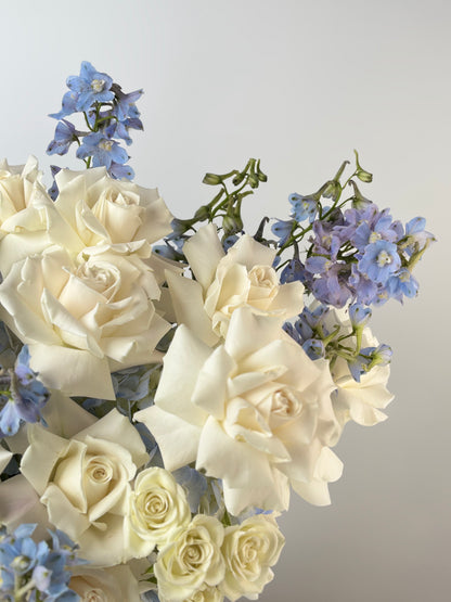 WHITE ROSES, BLUE HYDRANGEA & DELPHINIUM IN LUXURY HAT BOX | BQ BOUQUET