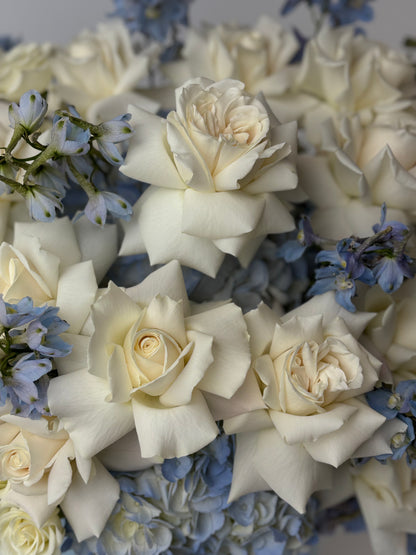 WHITE ROSES, BLUE HYDRANGEA & DELPHINIUM IN LUXURY HAT BOX | BQ BOUQUET