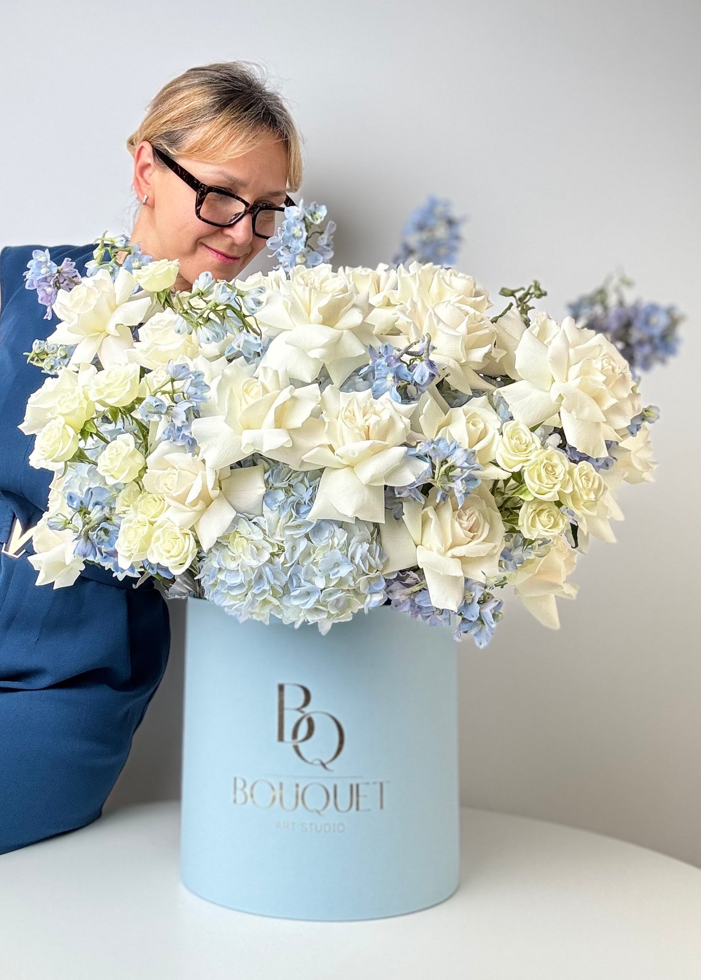 WHITE ROSES, BLUE HYDRANGEA & DELPHINIUM IN LUXURY HAT BOX | BQ BOUQUET