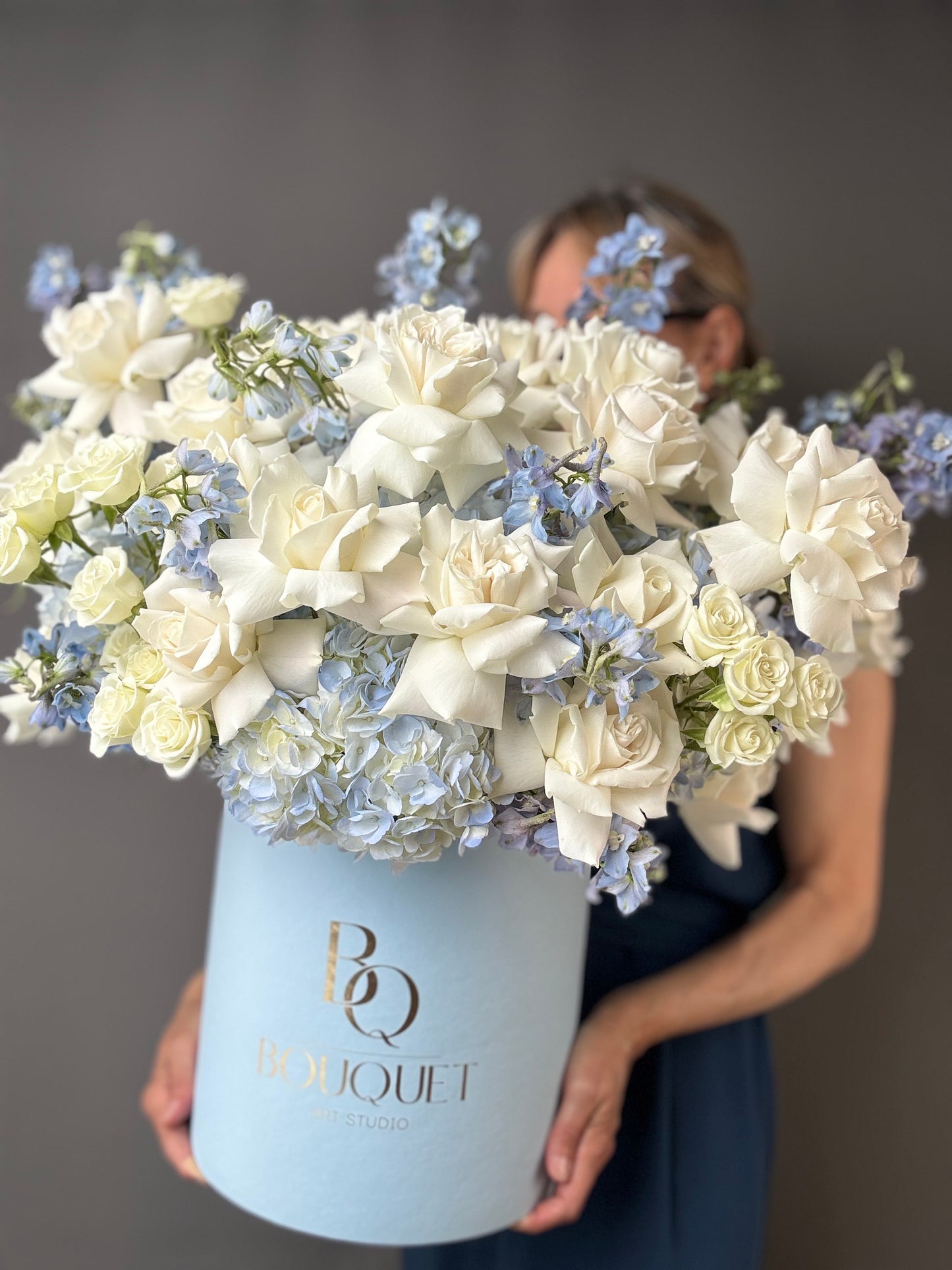 WHITE ROSES, BLUE HYDRANGEA & DELPHINIUM IN LUXURY HAT BOX | BQ BOUQUET