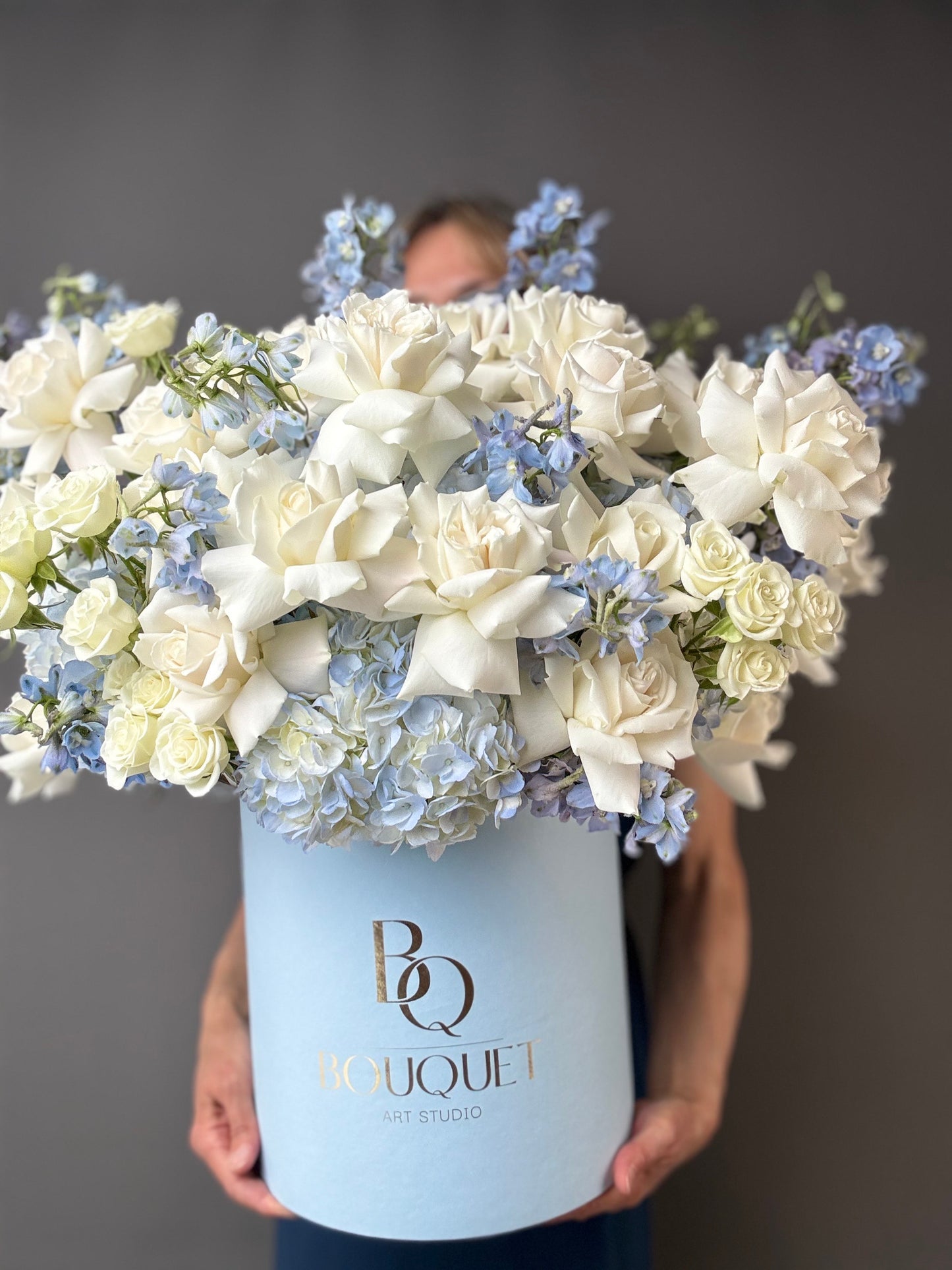 WHITE ROSES, BLUE HYDRANGEA & DELPHINIUM IN LUXURY HAT BOX | BQ BOUQUET