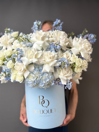 WHITE ROSES, BLUE HYDRANGEA & DELPHINIUM IN LUXURY HAT BOX | BQ BOUQUET