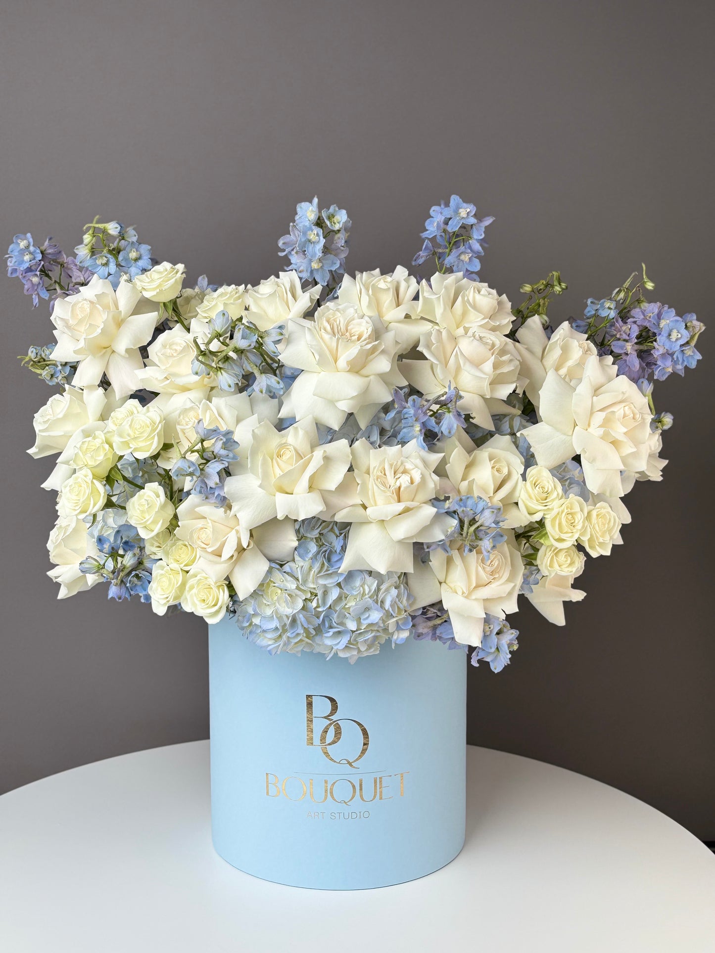 WHITE ROSES, BLUE HYDRANGEA & DELPHINIUM IN LUXURY HAT BOX | BQ BOUQUET