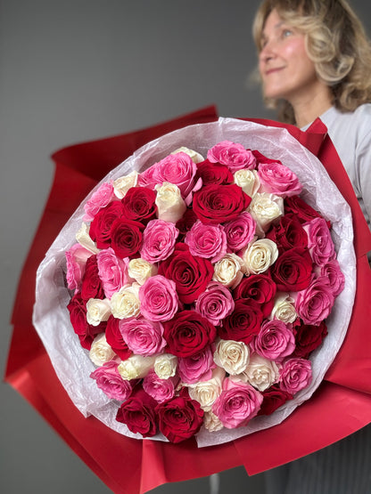 Bouquet  Red, Pink & White Roses - Best Seller