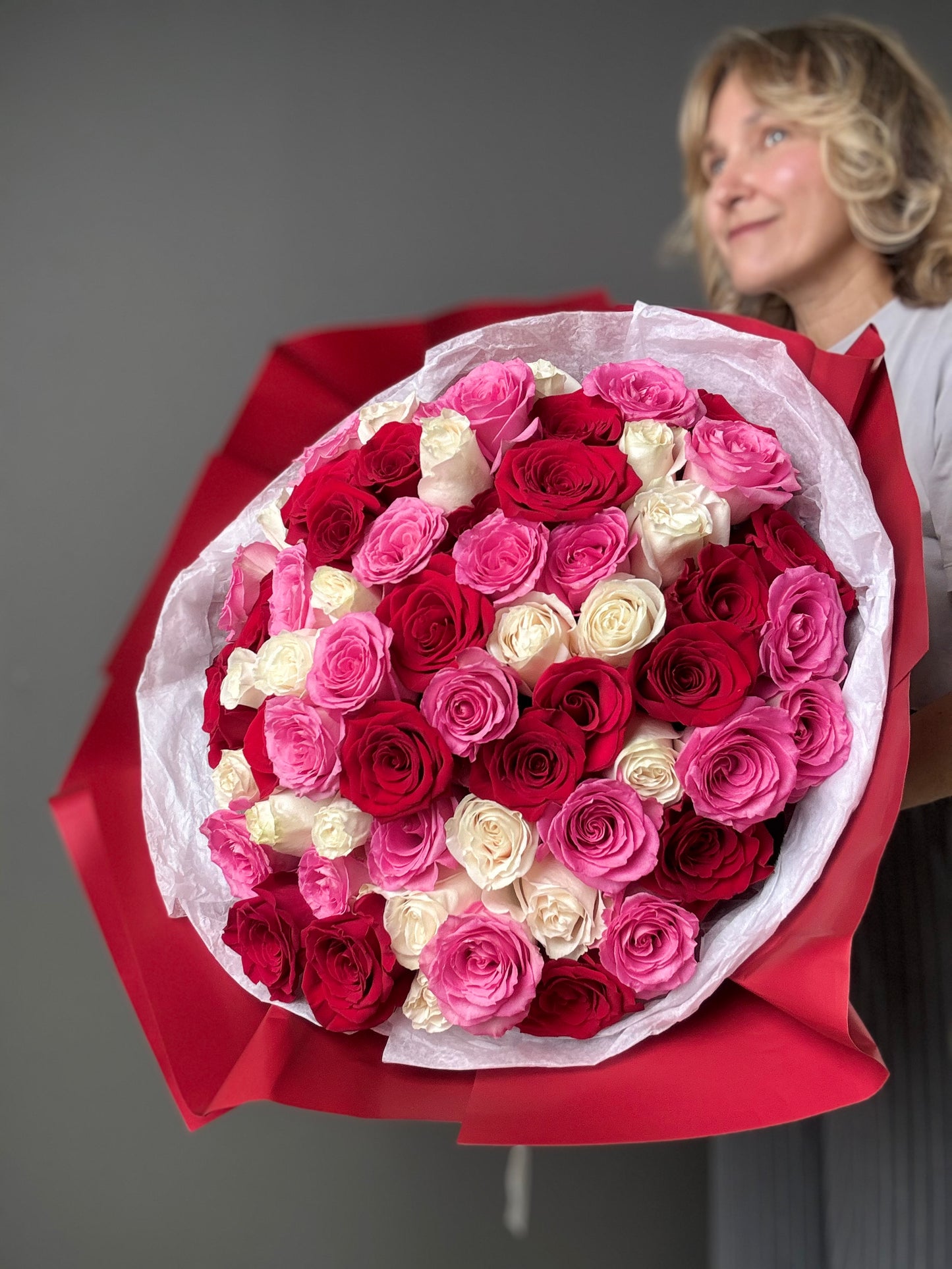 Bouquet  Red, Pink & White Roses - Best Seller