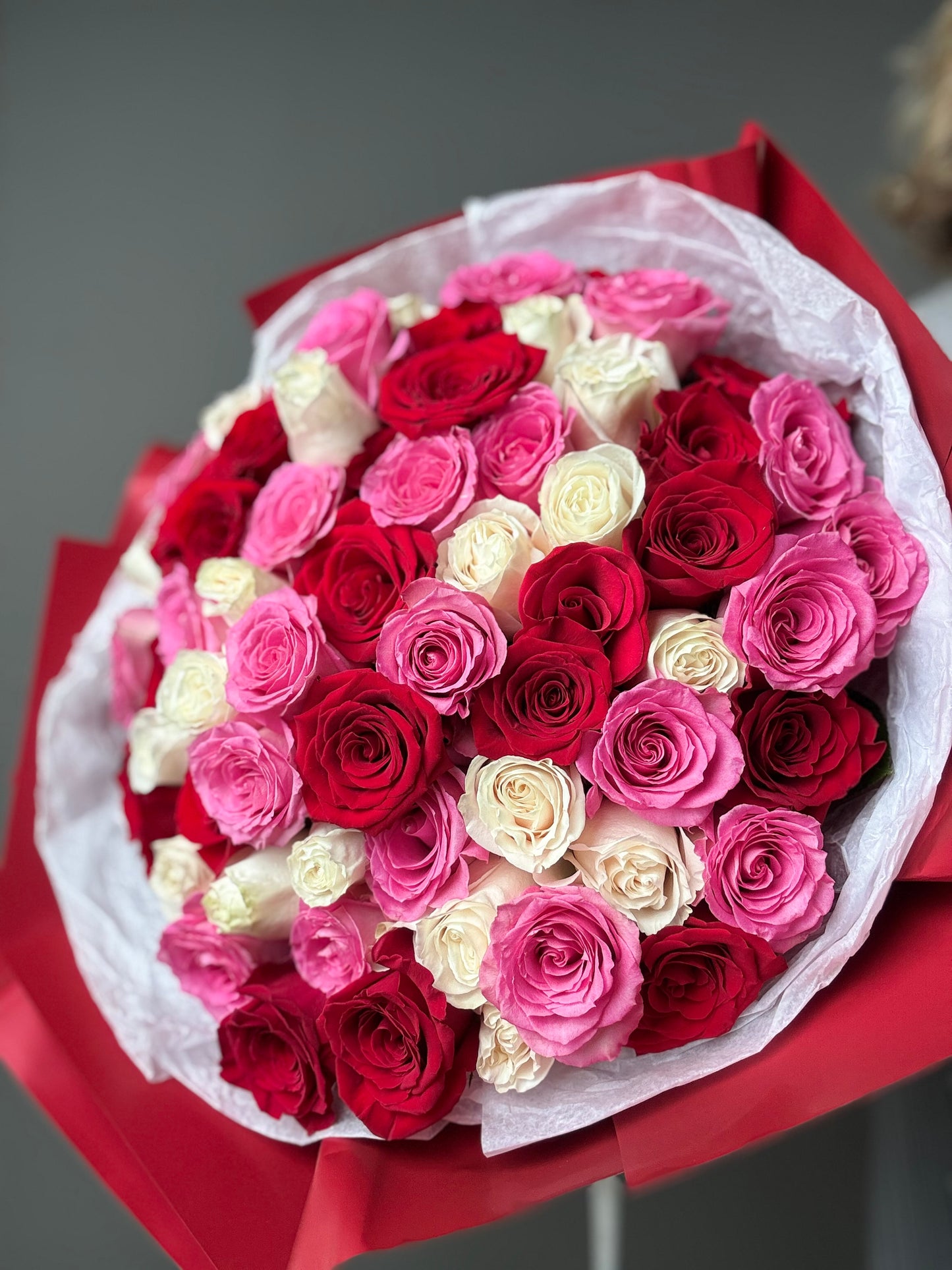 Bouquet  Red, Pink & White Roses - Best Seller