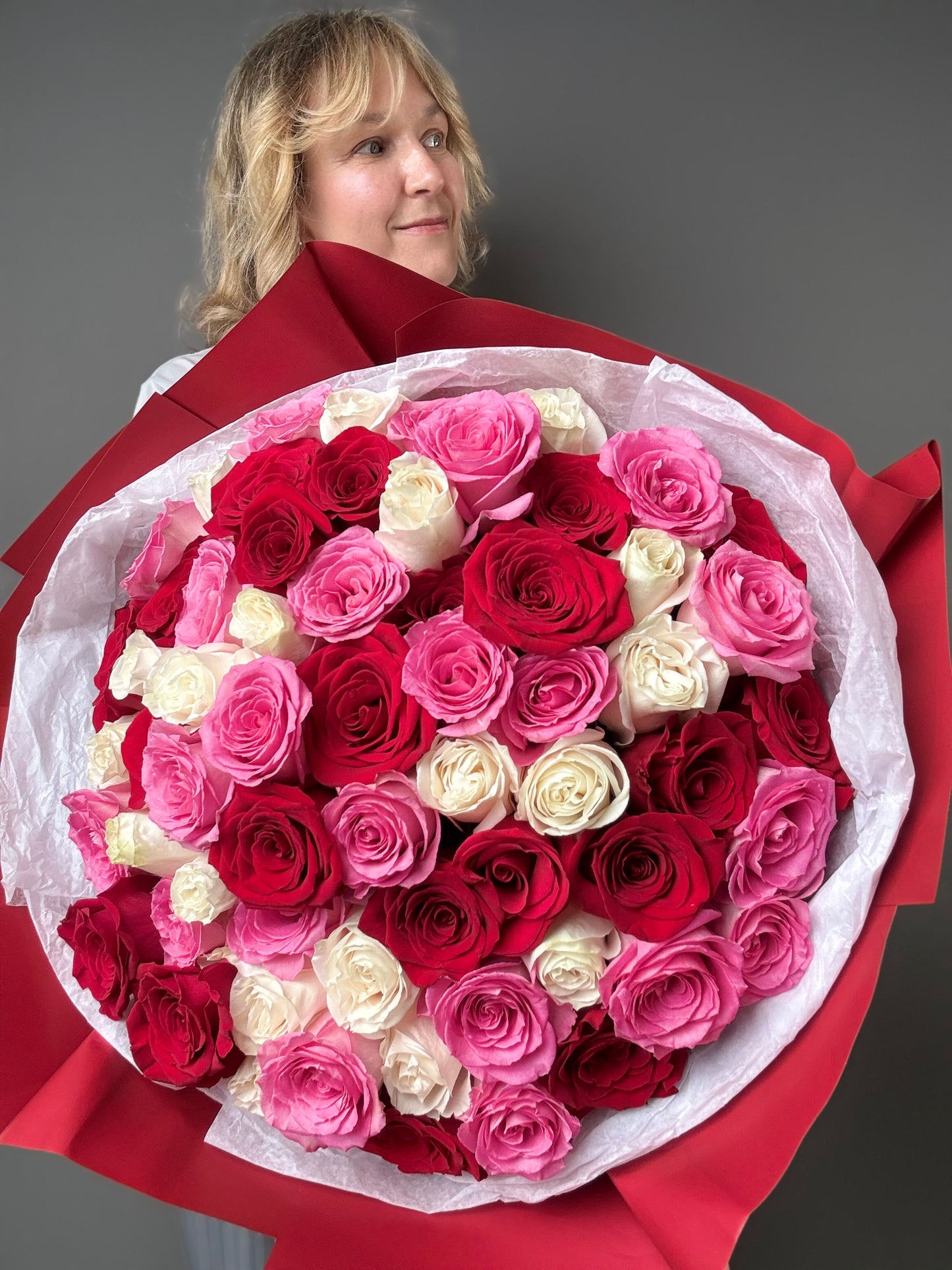 Bouquet  Red, Pink & White Roses - Best Seller