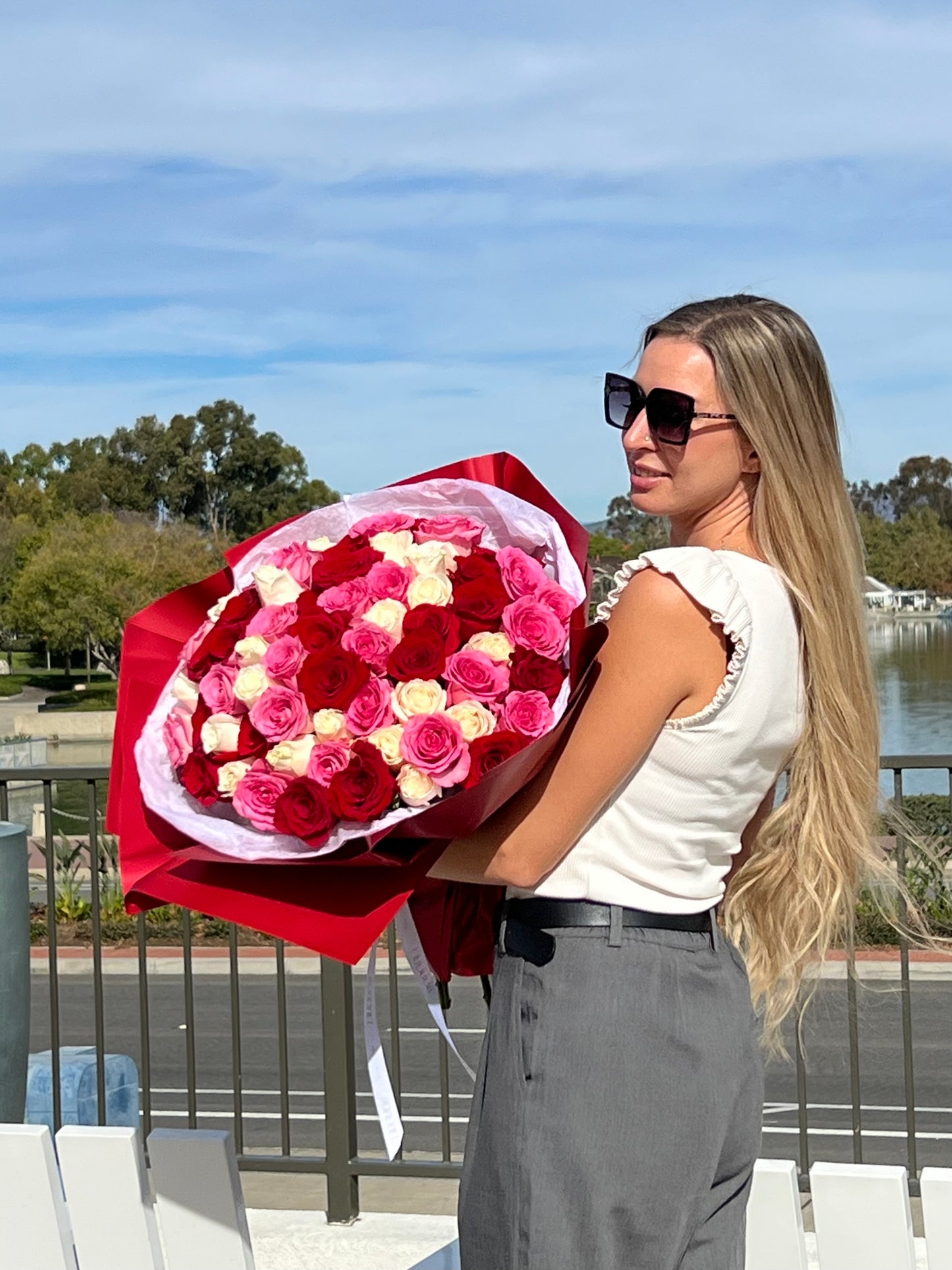 Bouquet  Red, Pink & White Roses - Best Seller